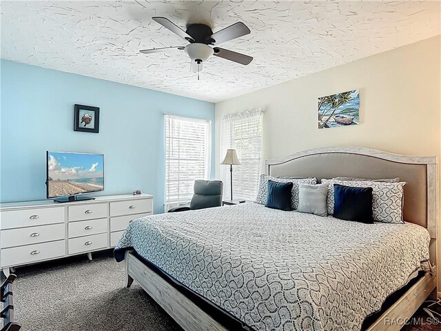 857 N Palm Springs Ter, Crystal River, FL 34429 - bedroom with dark carpet, a textured ceiling, and ceiling fan