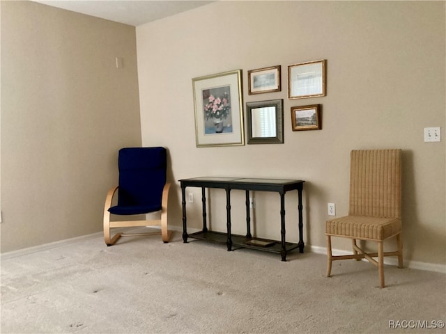 sitting room featuring light carpet