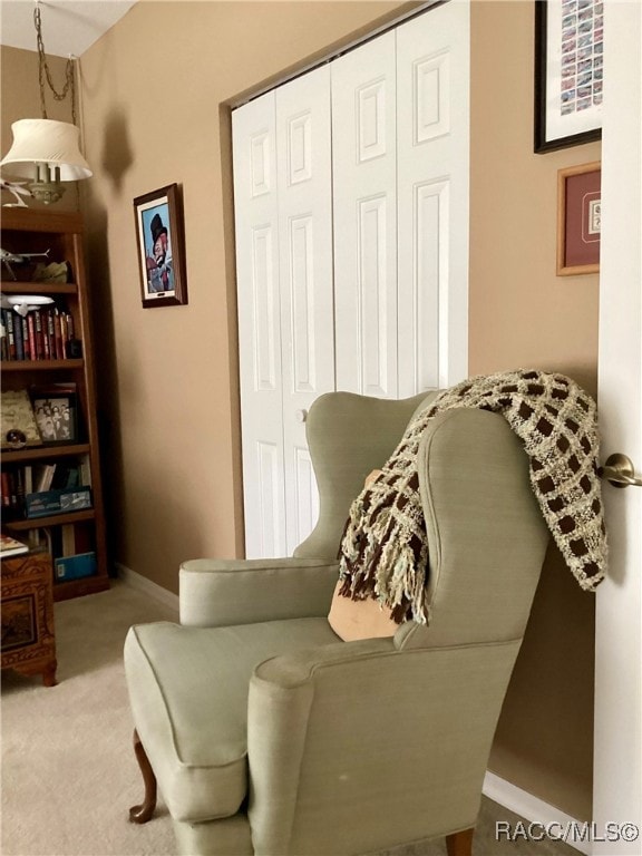 living area with light colored carpet