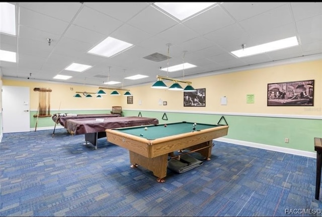 game room featuring a paneled ceiling, dark carpet, and pool table