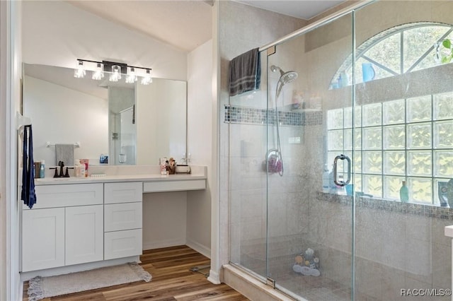 bathroom featuring vanity, wood-type flooring, and a shower with shower door