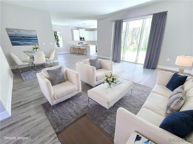 living area with baseboards and light wood-style floors