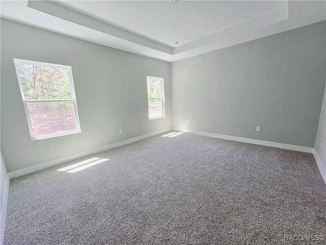 carpeted empty room featuring baseboards and a raised ceiling