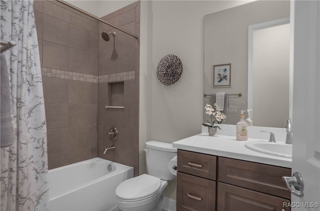 full bathroom featuring vanity, toilet, and shower / bathtub combination with curtain