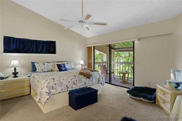 carpeted bedroom with access to outside, ceiling fan, and vaulted ceiling