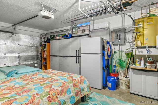 bedroom featuring gas water heater, a textured ceiling, electric panel, and white fridge