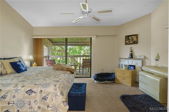 bedroom featuring ceiling fan, light colored carpet, a textured ceiling, and access to outside