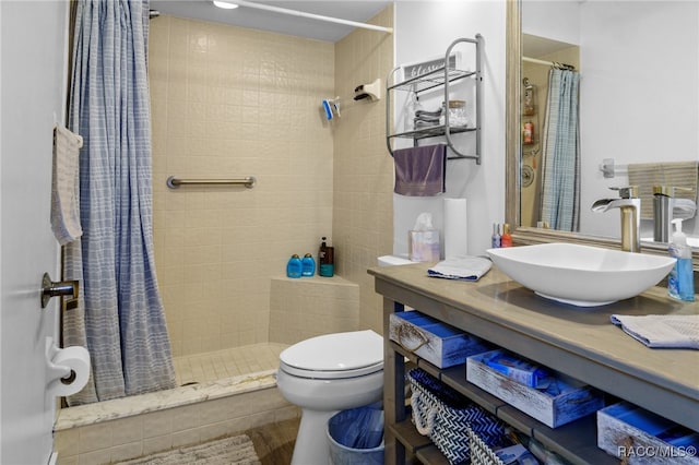 bathroom featuring vanity, curtained shower, and toilet