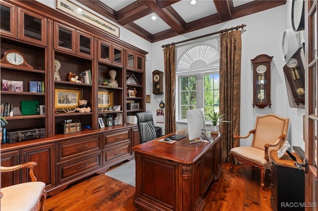 12380 SW 140th Loop, Dunnellon, FL 34432 - office space with dark wood-style floors, beamed ceiling, coffered ceiling, and crown molding