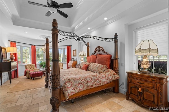 12380 SW 140th Loop, Dunnellon, FL 34432 - bedroom featuring stone tile floors, crown molding, a raised ceiling, recessed lighting, and a ceiling fan