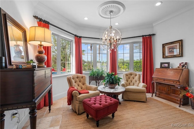 12380 SW 140th Loop, Dunnellon, FL 34432 - living area with crown molding, plenty of natural light, a chandelier, stone tile floors, and baseboards