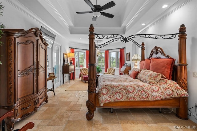 12380 SW 140th Loop, Dunnellon, FL 34432 - bedroom with stone tile flooring, recessed lighting, a tray ceiling, crown molding, and ceiling fan