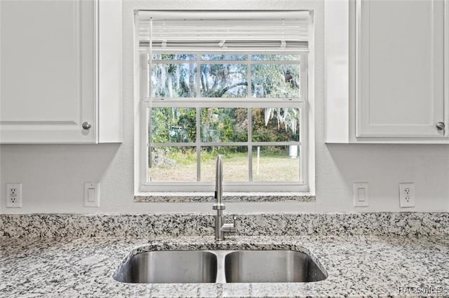 details with white cabinetry, sink, and light stone countertops