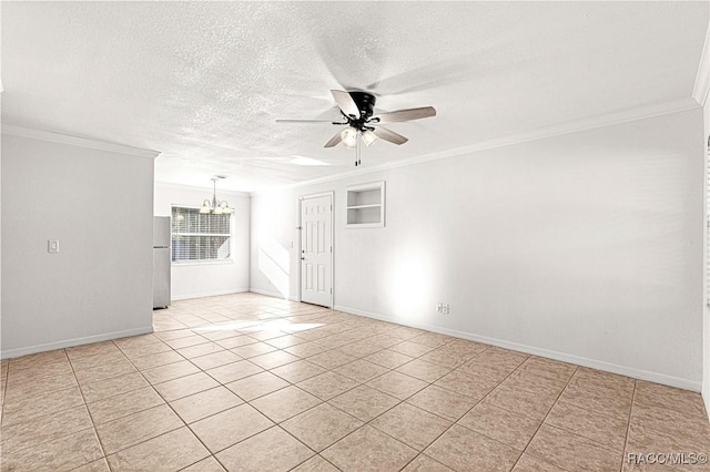 tiled empty room with a textured ceiling, ceiling fan with notable chandelier, and crown molding