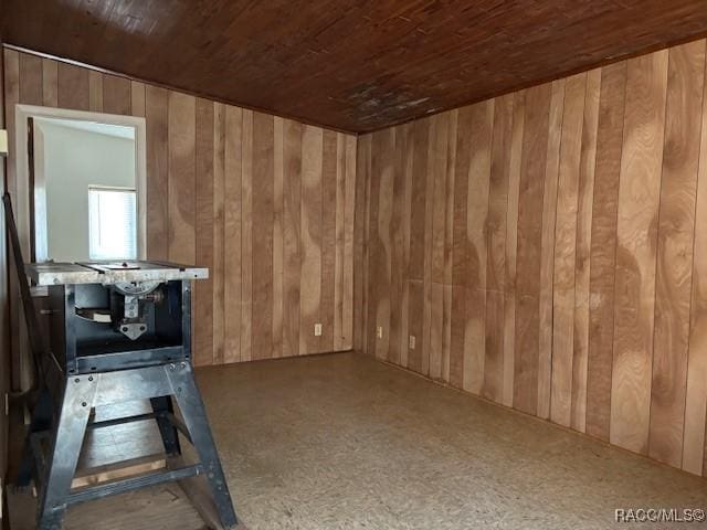 interior space with wooden ceiling and wooden walls