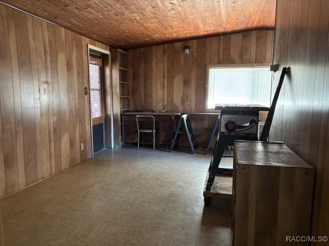 misc room featuring wooden ceiling and wooden walls