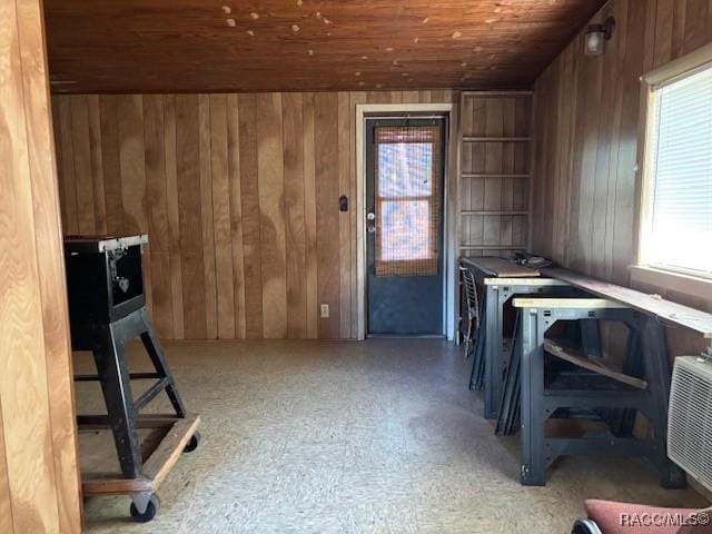 laundry area with wood walls, wood ceiling, and laundry area