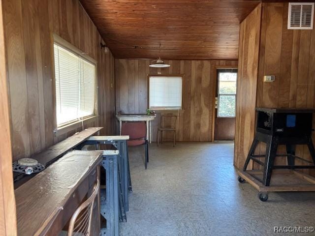 interior space with wood ceiling, visible vents, and wooden walls