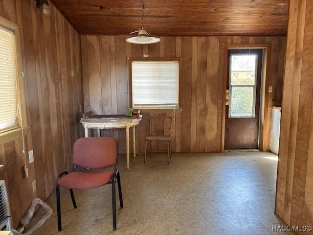 unfurnished room featuring wood walls and wood ceiling