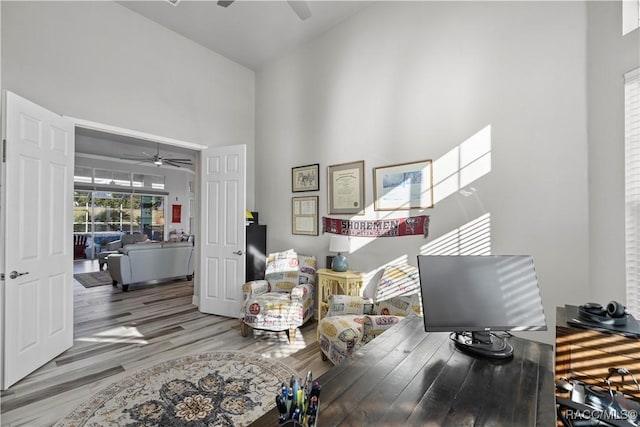 office featuring ceiling fan, light hardwood / wood-style floors, and a high ceiling