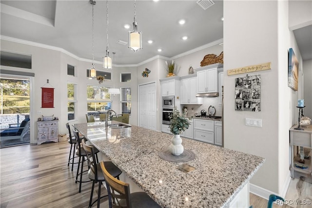 kitchen with light wood-type flooring, light stone counters, stainless steel appliances, sink, and pendant lighting