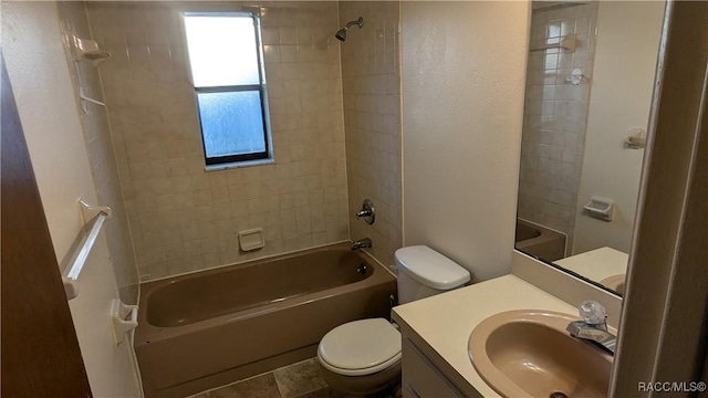 bathroom featuring  shower combination, toilet, and vanity