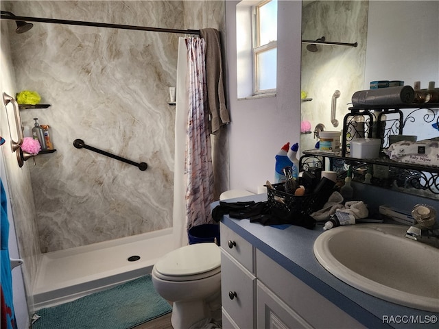 bathroom featuring toilet, vanity, and walk in shower