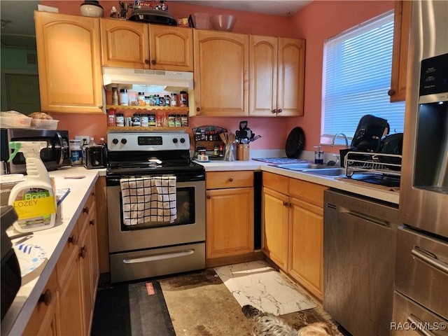 kitchen with light brown cabinetry, sink, and stainless steel appliances