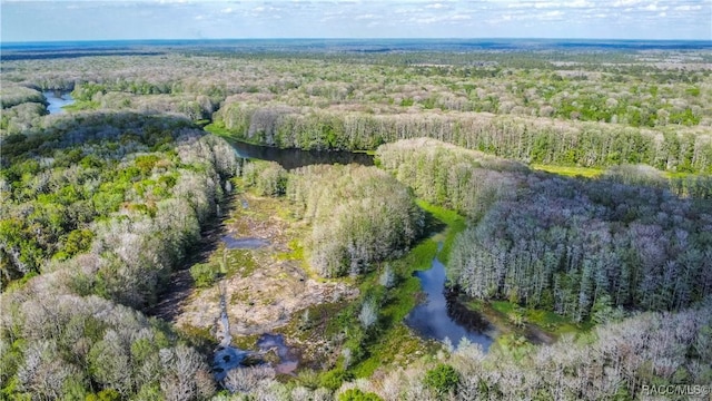 aerial view with a water view and a wooded view