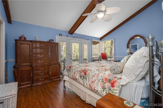 bedroom featuring a ceiling fan, access to outside, dark wood finished floors, and lofted ceiling with beams