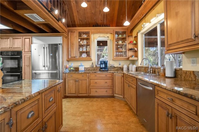 kitchen with a sink, wood ceiling, visible vents, appliances with stainless steel finishes, and open shelves