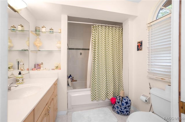 full bathroom with toilet, shower / bath combo with shower curtain, and vanity