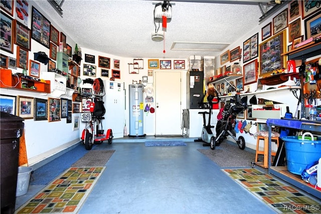 garage with a garage door opener and water heater