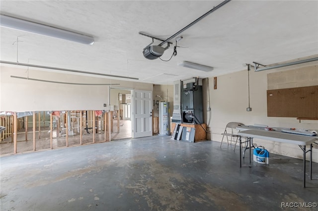 garage with electric water heater, a garage door opener, and heating unit