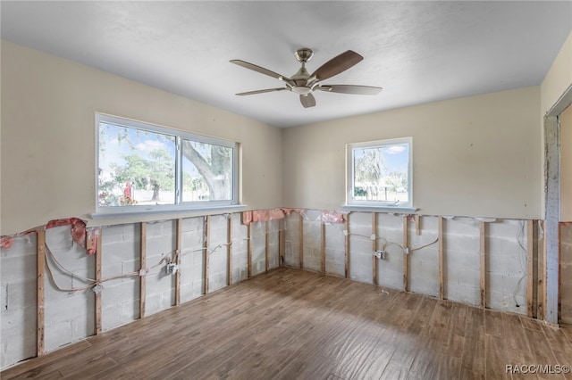 empty room featuring ceiling fan and light hardwood / wood-style floors