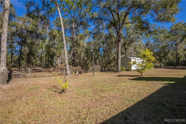 view of yard featuring a storage shed