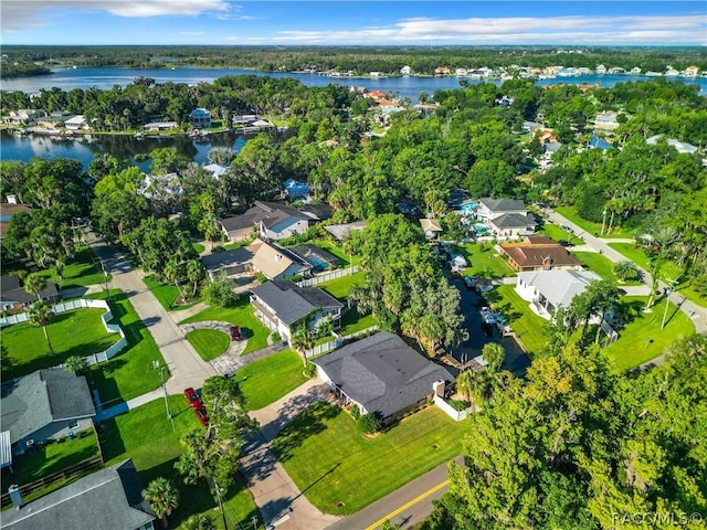 drone / aerial view with a water view