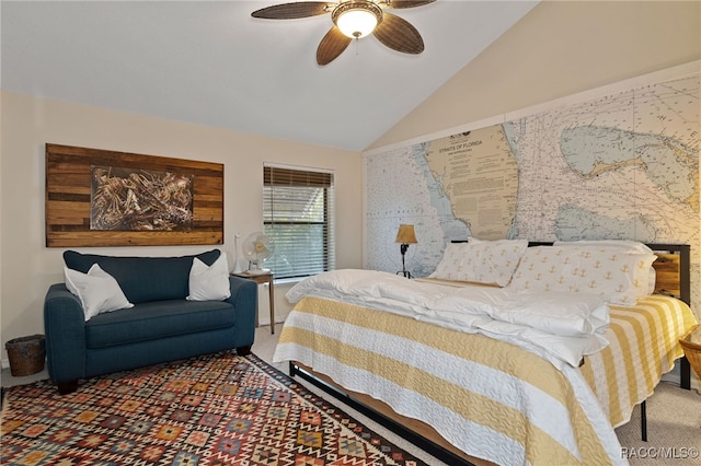 bedroom with carpet, ceiling fan, and lofted ceiling