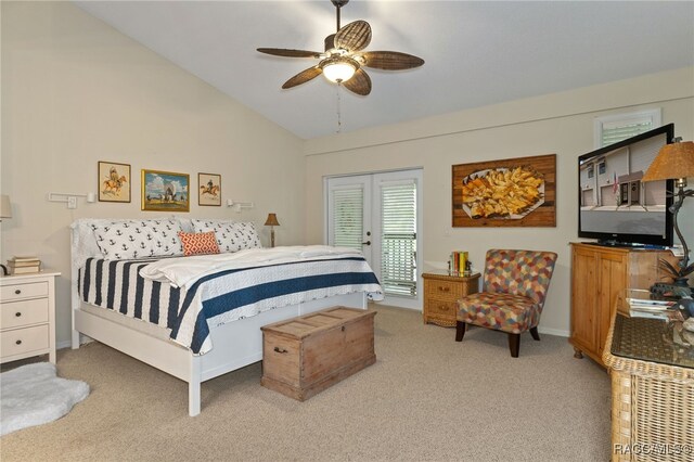 bedroom featuring carpet, access to exterior, ceiling fan, and lofted ceiling