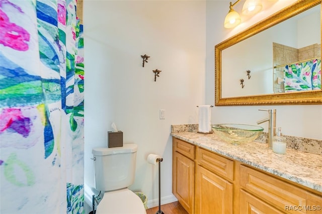 bathroom featuring vanity, curtained shower, and toilet