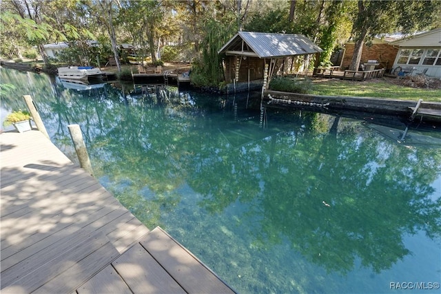 view of swimming pool with a boat dock and a water view