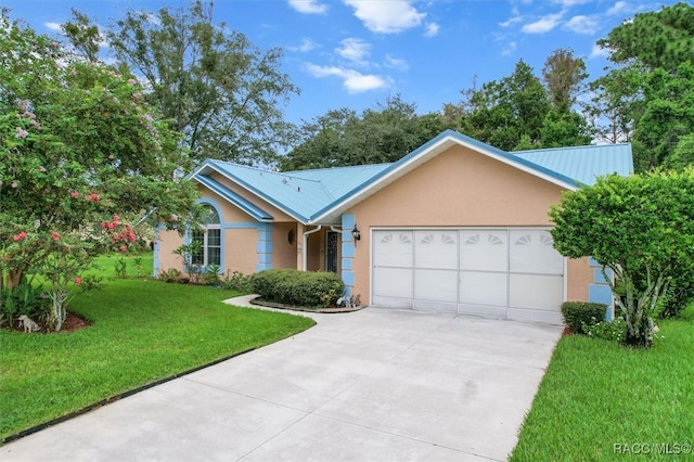 ranch-style house with a garage and a front yard