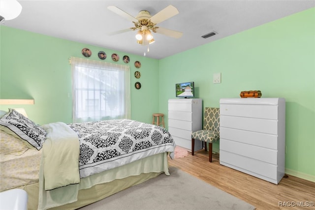 bedroom featuring light wood-type flooring and ceiling fan