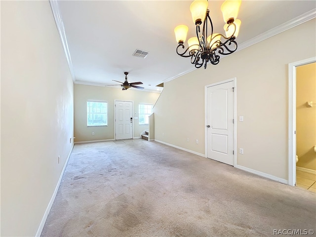 unfurnished living room with ceiling fan with notable chandelier, ornamental molding, and light carpet