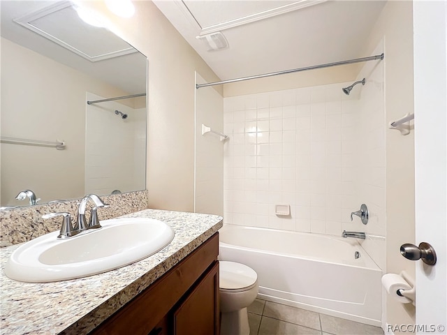 full bathroom featuring tile patterned flooring, vanity, toilet, and tiled shower / bath