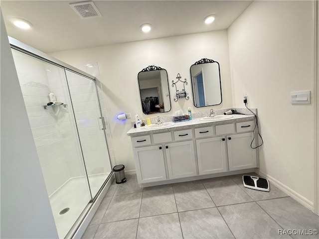 full bathroom featuring visible vents, a sink, and a shower stall
