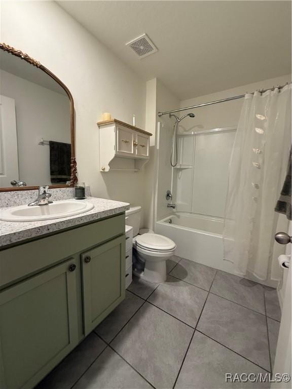bathroom with shower / tub combo, toilet, tile patterned floors, and visible vents