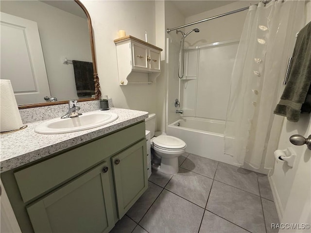 full bathroom with shower / bath combination with curtain, toilet, vanity, and tile patterned floors