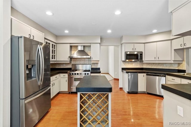 kitchen with white cabinets, appliances with stainless steel finishes, backsplash, and wall chimney range hood