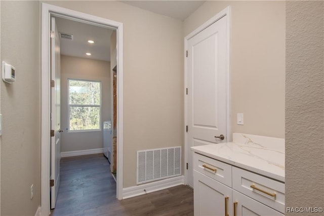 bathroom with vanity and wood-type flooring